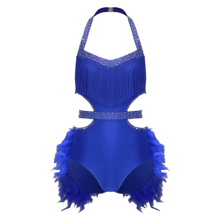 Glittery Rhinestone & Faux Feather Latin Dance Leotard Halter Bodysuit
