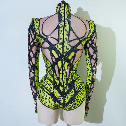 Futuristic Cyber Armor Rhinestone Bodysuit Mock Neck Sleeveless Stage Dance Costume