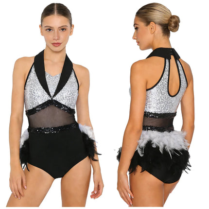 Women's Shiny Sequin Sheer Mesh Feather Latin Jazz Dance Bodysuit