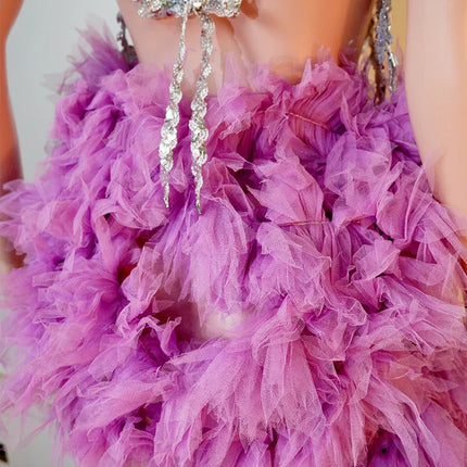 Purple Spiderweb Rhinestone Halter Bodysuit & Trailing Ruffle Tulle Skirt 2-Piece Stage Costume Set