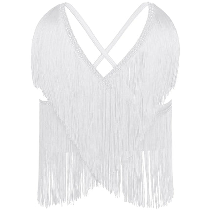 V-Neck Crisscross Back Tassel Fringe Crop Top Latin Salsa Dance Costume