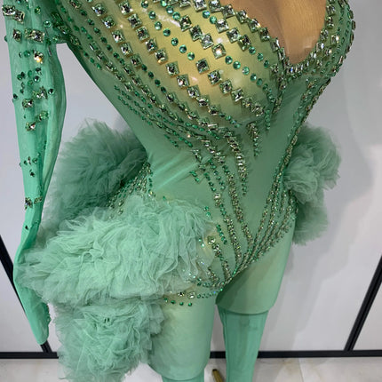 Luxury Green Diamonds Mesh See-Through Long Sleeve Jumpsuit Stage Performance Costume
