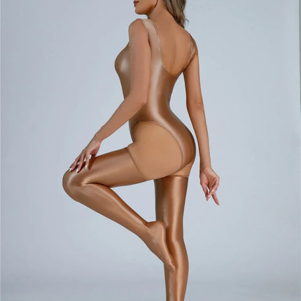 Backless High-Cut Oil Glossy Sheer Bodysuit & Matching Stockings Set