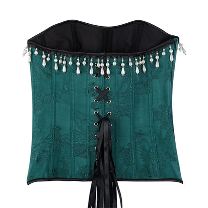 Green Floral Jacquard Overbust Corset Pearl Tassel Trim Bustier Top