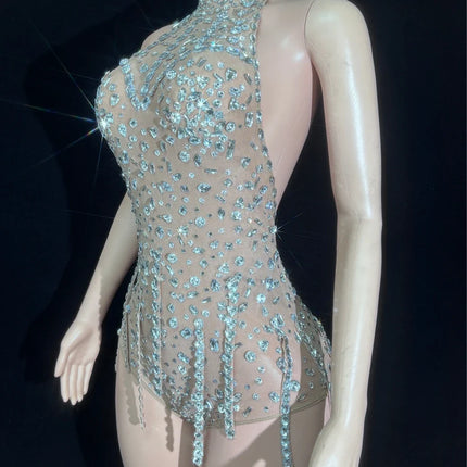 Silver Crystal Halter Illusion Bodysuit Sparkly Backless Rhinestone Stage Leotard