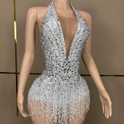 Crystal Rhinestone Fringe Sleeveless Bodysuit & Aerial Dance Leotard Costume