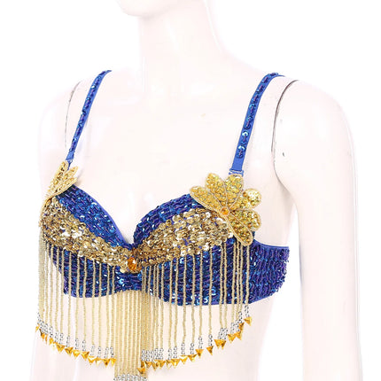 Sparkly Floral Beaded Sequin Belly Dance Bra & Tassel Performance Top