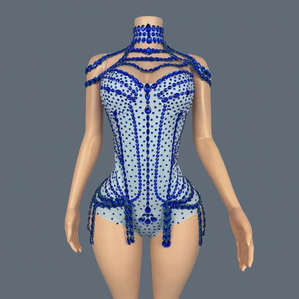 Sparkly Rhinestone Tassel Spandex Bodysuit Halter Dance Stage Costume Leotard