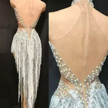 Sparkly Rhinestone, Pearl & Tassel Transparent Performance Dress Stage Costume