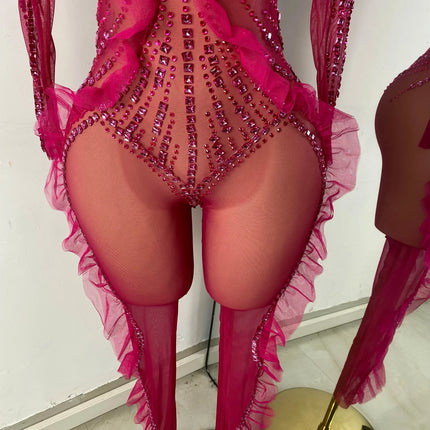 Sparkly Diamonds Women Long Sleeve See Through Mesh Tight Jumpsuit Costume Nightclub Dancer Outfit Performance Stage Wear