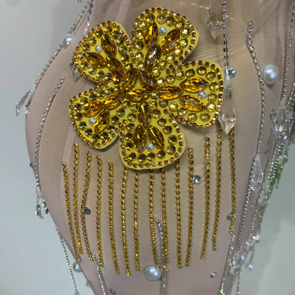 Colorful Rhinestone Pearl Sheer Dress & Two-Piece Mini Skirt Set Celebration Outfit