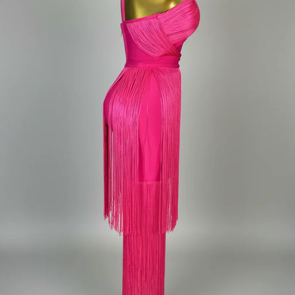 Hot Pink Asymmetrical Fringe Bandage Midi Dress & One-Shoulder Gala Party Dress