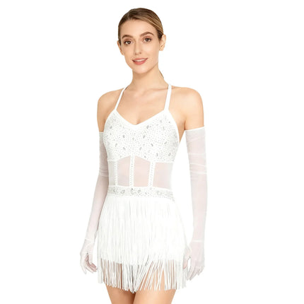 Rhinestone Latin Dance Dress, Mesh Tiered Tassel Bodysuit & Long Gloves Set