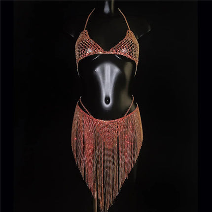 Dazzling Crystal Tassel Bra, Skirt & Bikini Body Jewelry Set