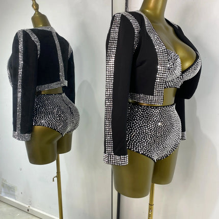 Rhinestone Bustier, High-Waist Mini Shorts & Cropped Jacket 3-Piece Performance Costume Set