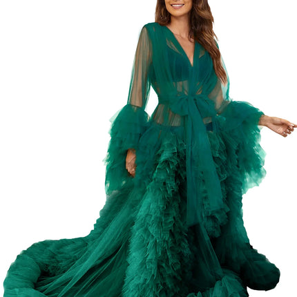 Voluminous Illusion Tulle Ruffle Long Robe Dressing Gown