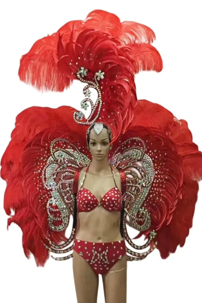 Ornate Red Feather & Rhinestone Carnival Set