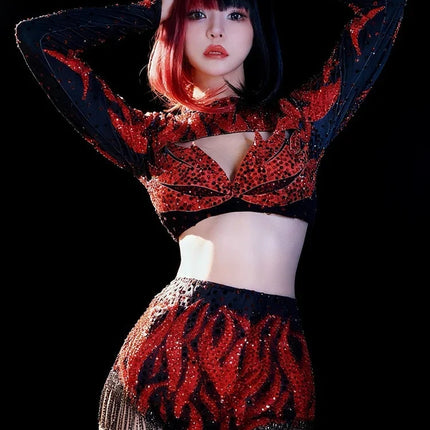 Crimson Red Crystal Cutout Crop Top & Shorts 2-Piece Stage Dance Costume Set