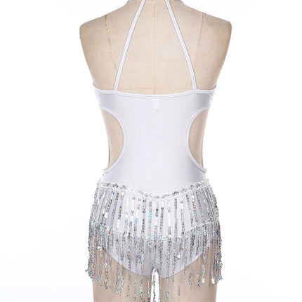 Sequined Fringe Latin Dance & Figure Skating Jumpsuit Leotard Set with Mesh Gloves