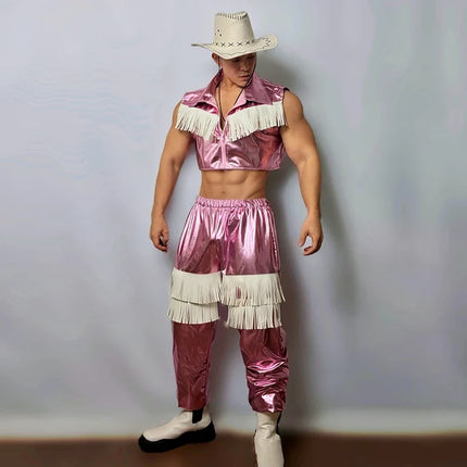 Men's Pink Western Cowboy Fringe Stage Outfit & Gogo Dance Performance Costume