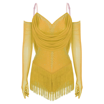 Sparkly Rhinestone & Tassel Fringe Dance Leotard with Gloves Two-Piece Stage Costume