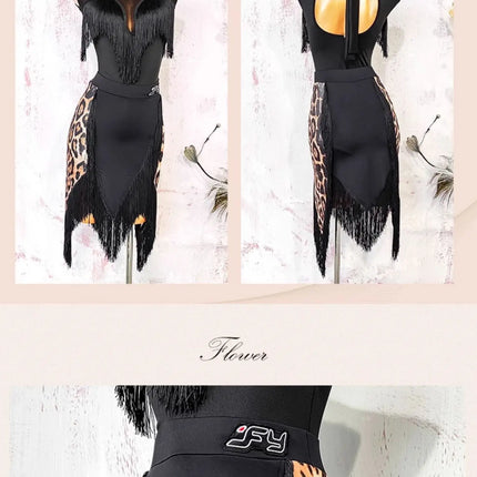 Black Open-Back Leotard & Leopard Print Fringe Skirt Latin Dance Costume Set