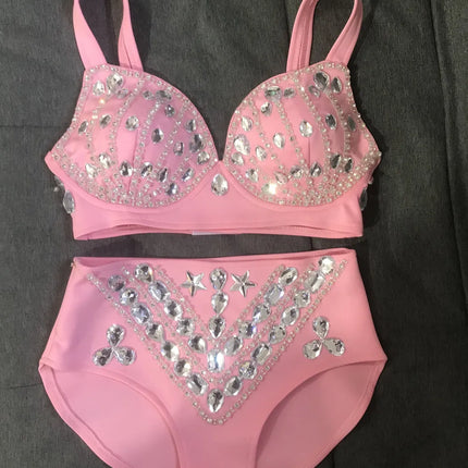 Rhinestone Bikini Bra & High-Waist Shorts 2-Piece Performance Costume Set