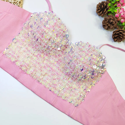 The Stardust Prism Siren – Sequined Glitter Bustier Corset Crop Top