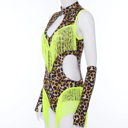 Leopard Cutout Bodysuit & Fringe Sleeves 2-Piece Latin Ballroom Stage Costume Set
