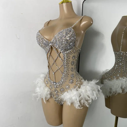 The Stardust Follies Feather Bodysuit – Luxury Rhinestone & Mesh Showgirl Costume