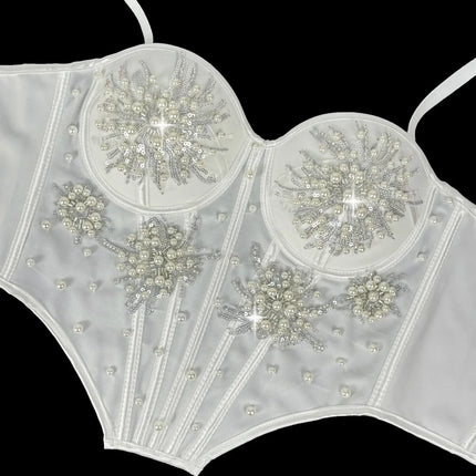 Pearl & Sequin Embroidered Floral Bustier Corset Top Asymmetric Camisole Bralette