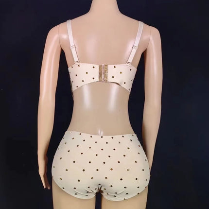 Sparkly Gold Rhinestone Two-Piece Bikini Bra & Shorts Set Stage Performance Costume