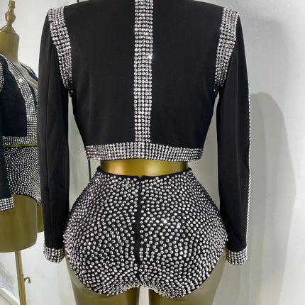 Rhinestone Bustier, High-Waist Mini Shorts & Cropped Jacket 3-Piece Performance Costume Set