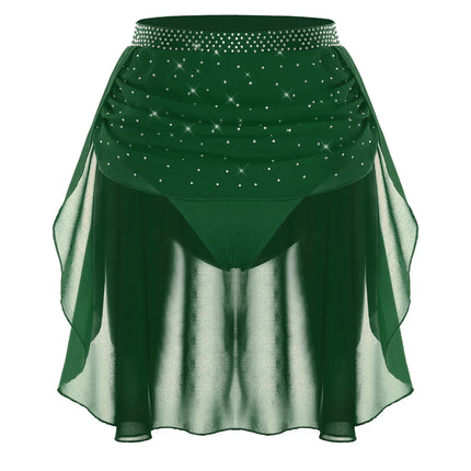 Womens Modern Lyrical Dance Skirt Performance Costume Sparkly Rhinestone Irregular Chiffon Hem Built-in Briefs Skirt Dancewear