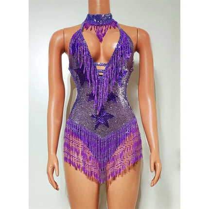 Royal Purple Rhinestone Fringe Bodysuit & Statement Hat Stage Performance Dance Costume Set