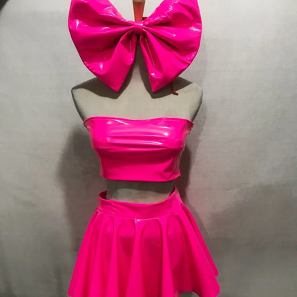 Patent Leather Bow Bralette, Pleated Mini Skirt & Headband 3-Piece Stage Dance Costume Set
