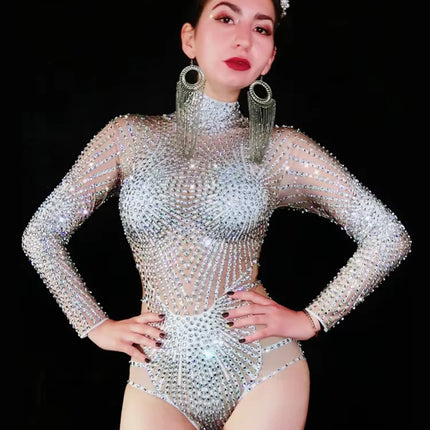 Rhinestone Mirror Bodysuit & Matching Crown Headdress Celebrity Party Stage Costume