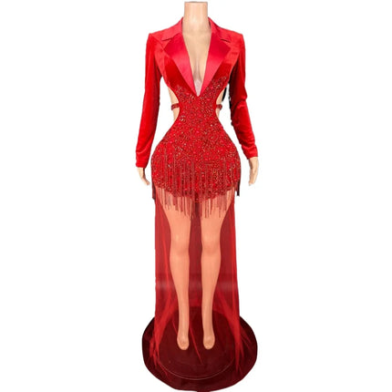 Sparkly Red Rhinestone Sheer Mesh Long Evening Gown Stage Performance Costume