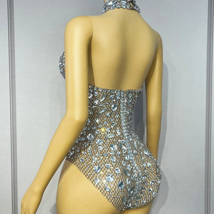 Silver Rhinestone High-Cut Backless Stage Bodysuit Dance Performance Leotard