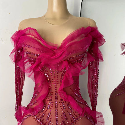 Sparkly Diamonds Women Long Sleeve See Through Mesh Tight Jumpsuit Costume Nightclub Dancer Outfit Performance Stage Wear