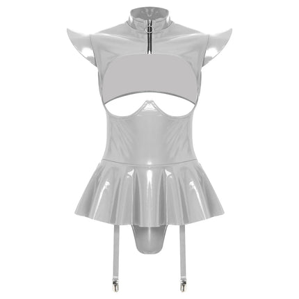 Glossy Wet-Look Halter Romper Bodysuit with Flared Skirt Hem & Integrated Garters