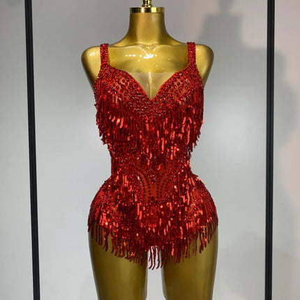 Sparkly Rhinestone Tassel Backless Mesh Bodysuit Luxury Stage Performance Costume