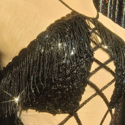 Black Sequin Cutout Fringe Mini Dress Crisscross Strappy Gogo Stage Costume