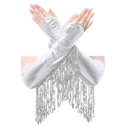 Sequined Fringe Latin Dance & Figure Skating Jumpsuit Leotard Set with Mesh Gloves