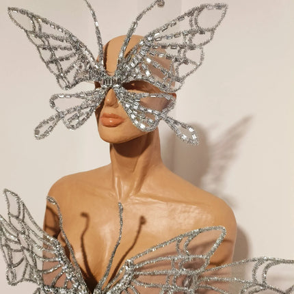 Silver Crystal Mesh 3D Butterfly Rhinestone Wings Jumpsuit