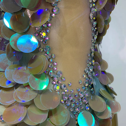 Iridescent Mermaid Scale Sequin & Rhinestone Illusion Bodysuit Stage Costume