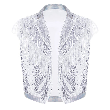 Men's Metallic Sequin Tassel Open-Front Vest Lapel Collar Sleeveless Stage Dance Waistcoat