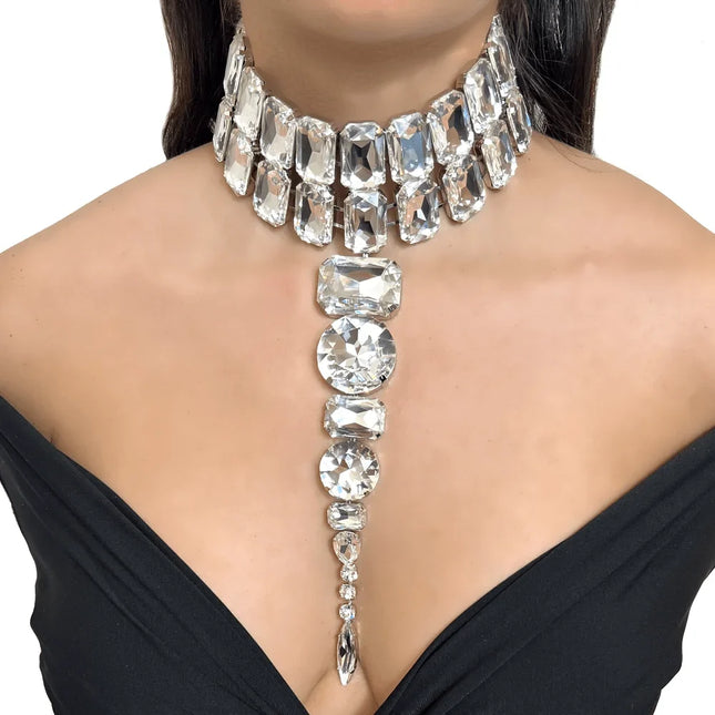 Long Geometric Crystal Rhinestone Choker Necklace