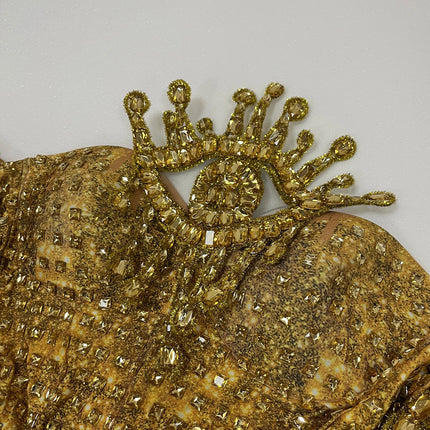 Vintage-Inspired Sparkly Rhinestones Gold Bodysuit Gloves Set