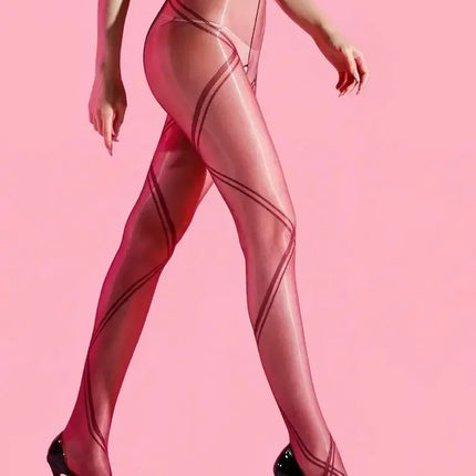 Striped Oil Glossy Sheer High-Waist Shaping Pantyhose Shiny Dance Tights